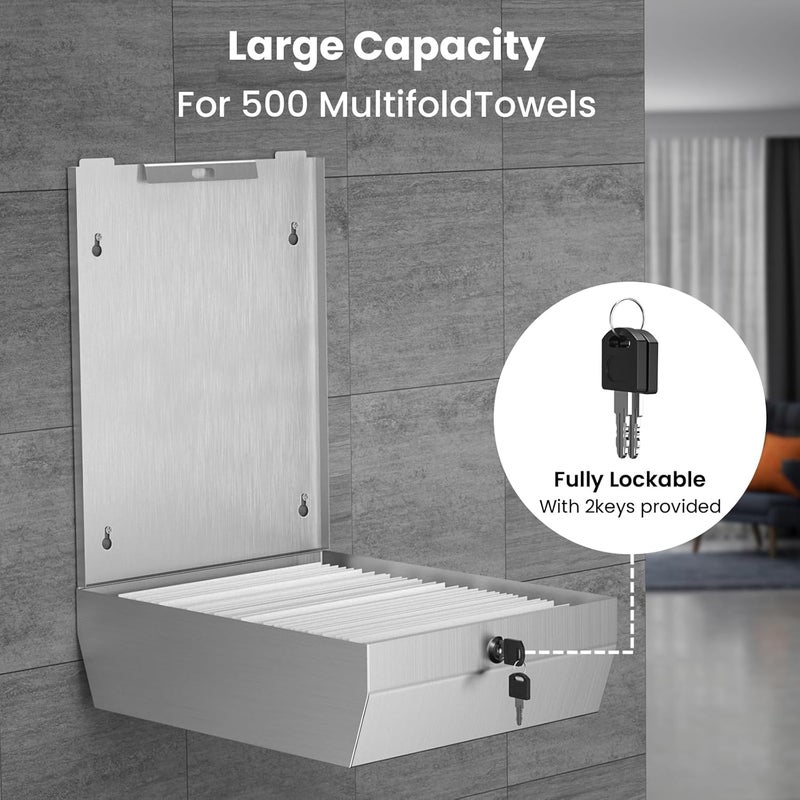 SettleDown Paper Towel Dispenser Wall Mount Commercial, Stainless Steel Hand Towel Dispenser with Lock, c-fold/Multi-fold/Tri-fold Large Capacity Tissue Holder - Image 2
